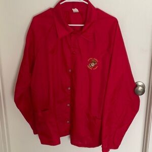Red Button-Up Jacket with Embroidered Logo